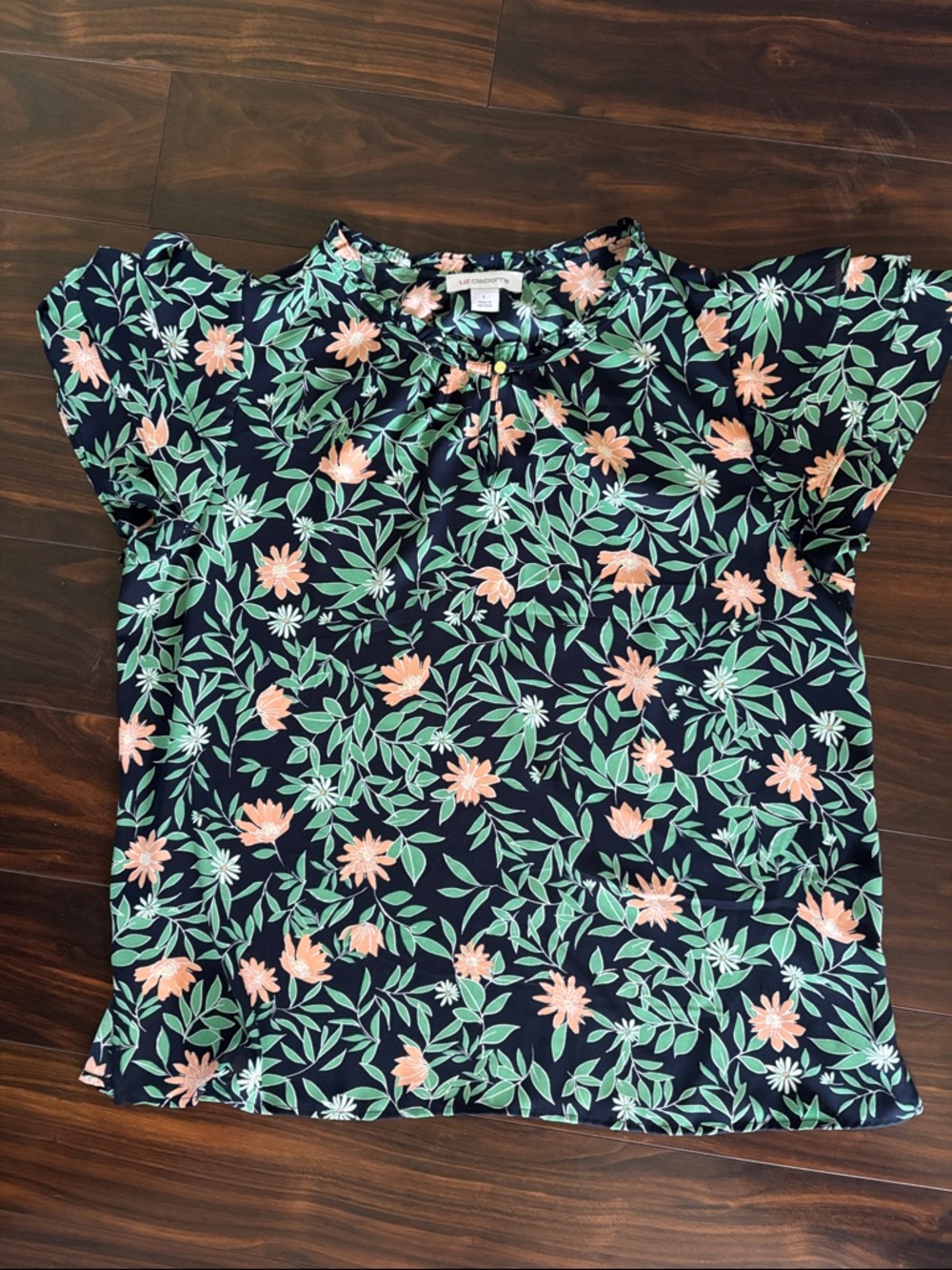 Liz Claiborne Navy Blouse with Peach Floral Print